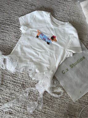 Super Cute White Tee with Lace Hem and Dog Print -